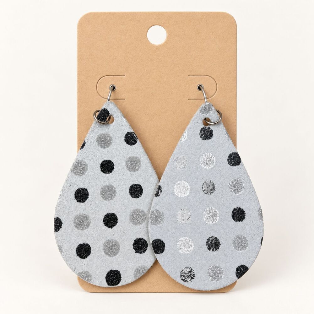 Handmade Gray Faux Leather Teardrop Earrings Black Silver Polka Dot
